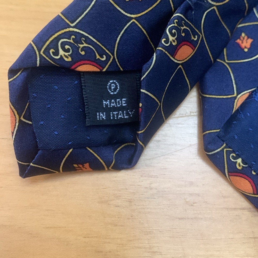 Luca D'Altieri 100% Silk Made in Italy Tie Navy Gold Orange Fleur De Lis EUC 58" - Picture 4 of 9